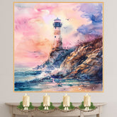 Vibrant Lighthouse on Ocean Cliff with Crashing Waves and Soaring Birds in a Stunning Watercolor Sunset Seascape Scene on Ready to Hang 1.5" Thick Canvas Wrap, Floating Framed Canvas, Flat Rolled Canvas